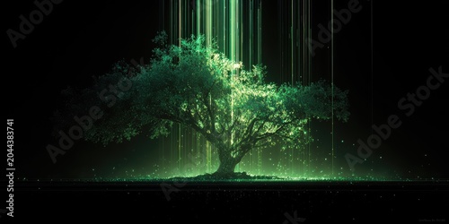 A luminous tree bathed in green light, a mystical, ethereal glow