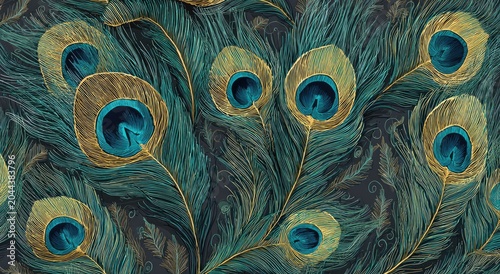 Close-up of ornate peacock feathers with vibrant blue and gold hues