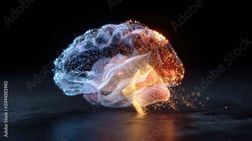 Glowing neural network brain dissolving into particles against dark backdrop