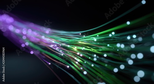 Flowing strands of light with glowing orbs against dark backdrop
