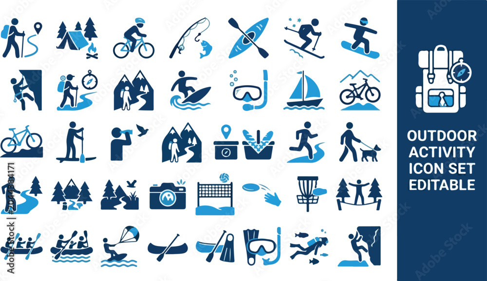 Naklejka premium Outdoor Activity Icons Set Vector Collection of Recreational Pursuits and Adventure Symbols