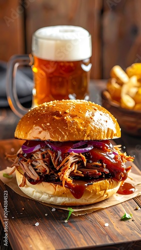 A mouthwatering pulled pork sandwich on a wooden board