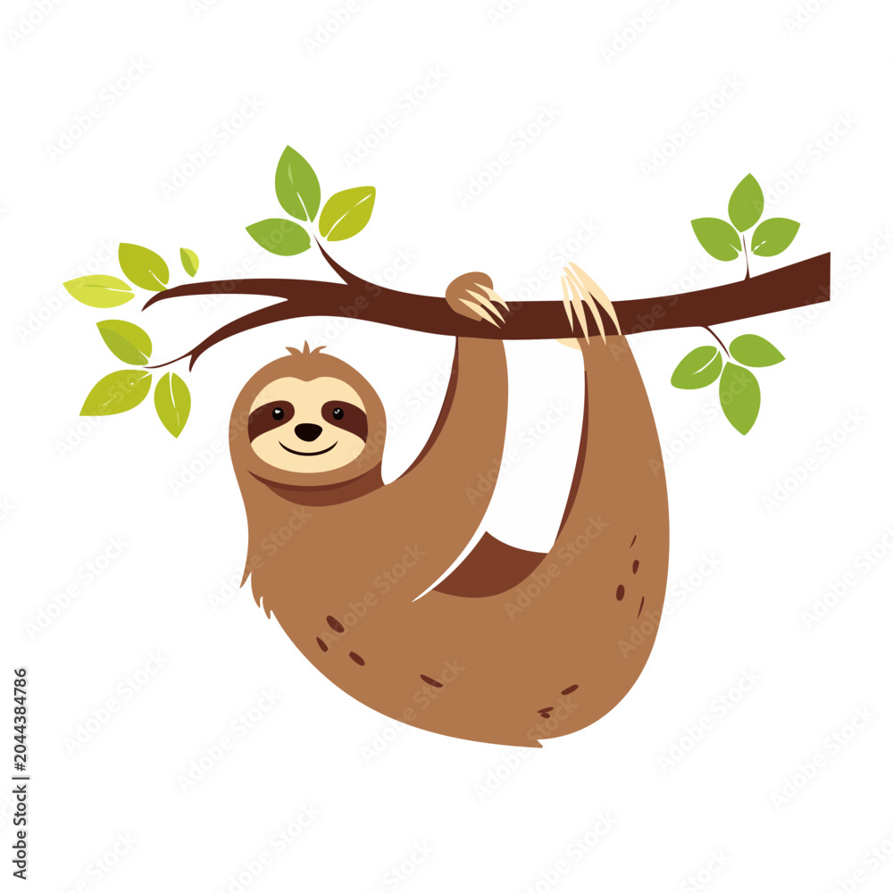 Obraz premium Cute sloth hanging from a tree branch with leaves
