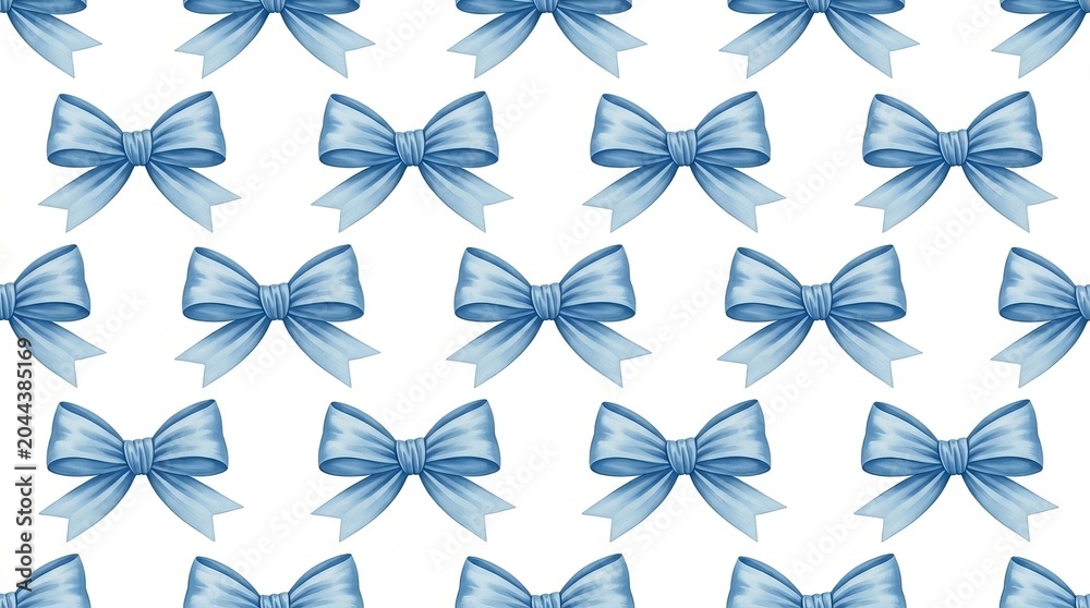 Obraz premium Soft blue ribbon bows create a charming and delicate repeating pattern on a white background.