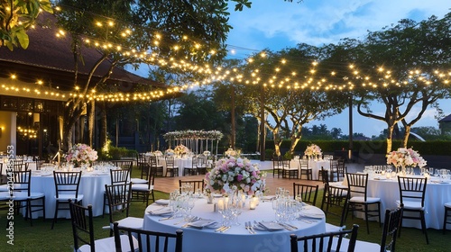 Elegant Outdoor Wedding Reception with String Lights and Floral Centerpieces in Garden