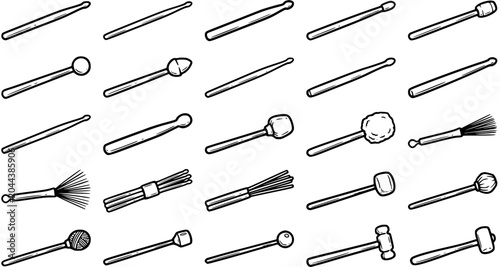 Foto Music Percussion Instruments Line Art: Hand-Drawn Set of Drumsticks, Mallets, Br
