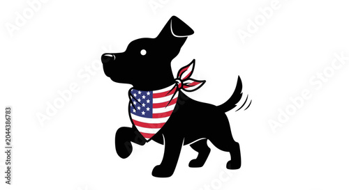 Schilderij op canvas Black dog wearing american flag bandana running left patriotic pet accessory