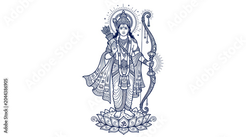 Foto Lord Rama Illustration, Hindu Deity with Bow and Arrow, Standing on Lotus Flower