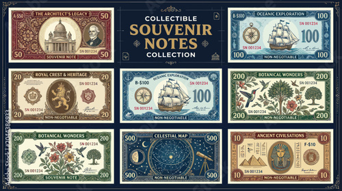 Bild auf Leinwand Collectible Souvenir Notes Collection: Architecture, Ships, Botany, Astronomy, H