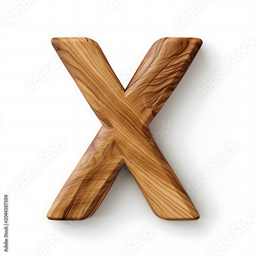 Wooden letter x 3d illustration with shadow isolated on white background.