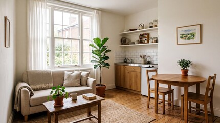 compact living spaces, a cozy small apartment interior featuring minimalist furniture and natural light