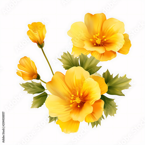Beautiful cluster of bright yellow hibiscus flowers with green foliage and buds isolated on a clean white background.