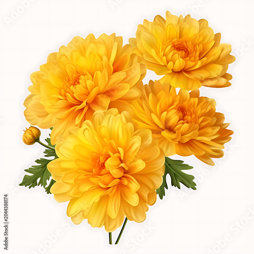 Lush bouquet of vibrant yellow chrysanthemum flowers with fresh green leaves isolated on a white background.