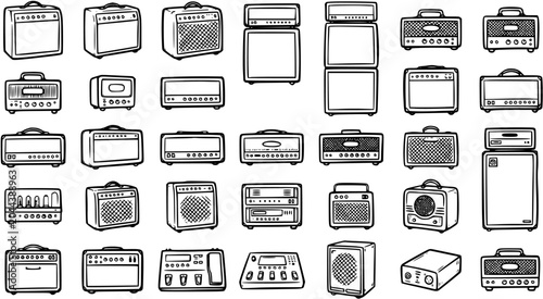 Foto Black  White Line Art Vector Set of Music and Audio Amplifiers, Cabinets, and So