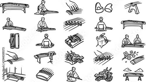 Quadro su tela Black  White Line Art Japanese Koto Music Icons