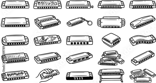 Tableau sur toile Hand-Drawn Black and White Line Art Collection of Music Harmonicas