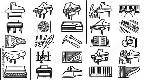 Tableau sur toile Music  Piano Industry Icons: Black and White Line Art Vector Set of Grand Pianos, Uprights, Keyboards, Players, and Tuning Elements for Musical Concepts