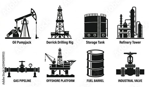 Tableau sur toile Oil and gas industry silhouette icons vector industrial equipment set