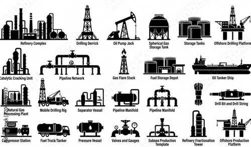 Tableau sur toile Petroleum industry equipment silhouette vector energy icon collection