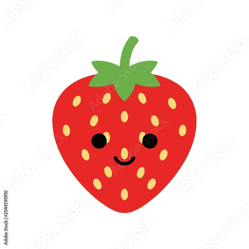 Cute red cartoon strawberry character with green leaves yellow seeds b