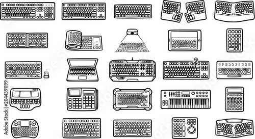 Tableau sur toile Black and White Line Art Icons of Various Keyboards and Input Devices for Techno