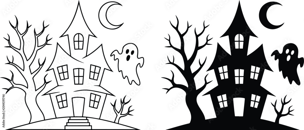 Obraz premium Spooky Halloween Haunted House and Ghost Vector Line-Art and Silhouette Duo, vector, illustration, silhouette.