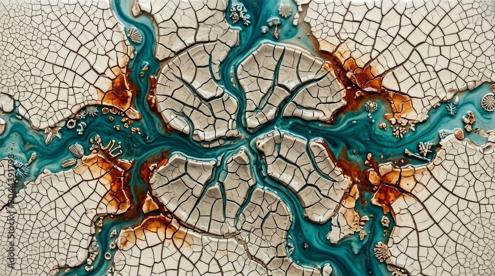Obraz premium Abstract flowing turquoise liquid creates organic patterns on cracked earth texture