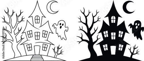 Foto Spooky Halloween Haunted House and Ghost Vector Line-Art and Silhouette Duo, vector, illustration, silhouette