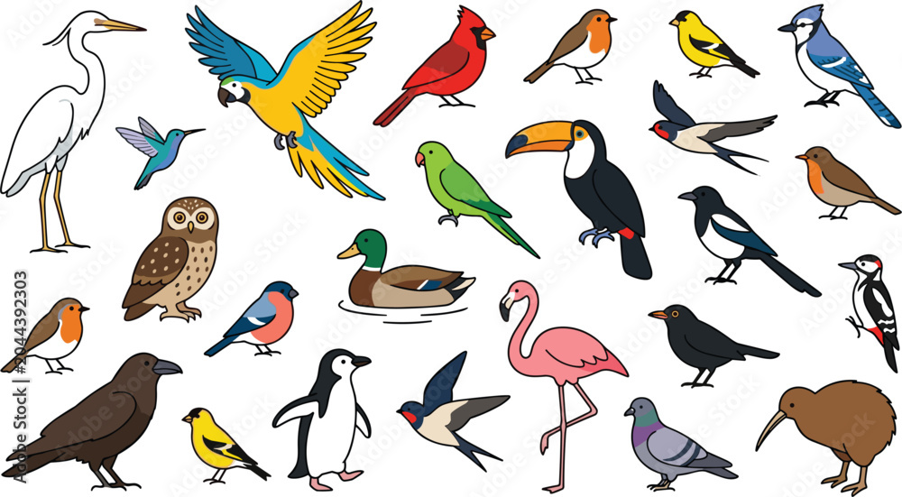 Obraz premium Diverse wild birds mega collection featuring colorful flat cartoon style parrot flamingo owl toucan penguin and penguin vector illustration