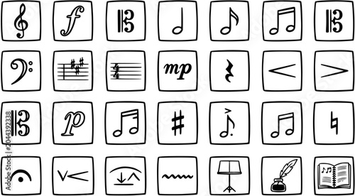 Fotografia Music Symbols Set - Black and White Line Art Icons for Sheet Music, Notation, an