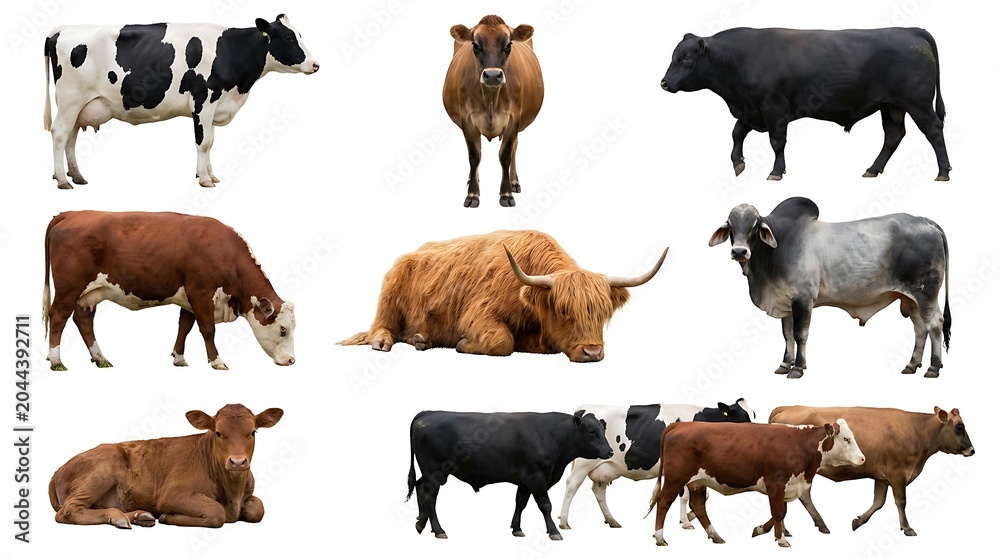 Fototapeta premium A group of cows and bulls standing and lying isolated on white