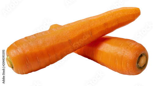 Foto Two whole peeled carrots with orange skin and green stem remnants