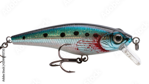 Photos Realistic fish-shaped fishing lure with treble hooks and clear lip