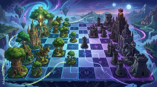 Photos Magical Chess Realm of Duality A Celestial Board Where Vibrant Nature and Dark F