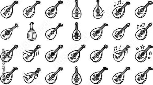 Tableau sur toile Oud Stringed Musical Instrument Collection - Black and White Line Art Icons