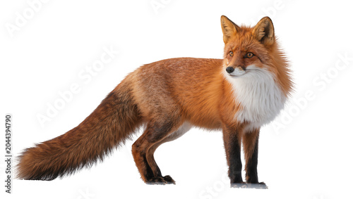 Billede på lærred Red fox with bushy tail and white chest standing