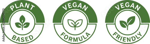 Green Vegan and Plant Based Product Badges on White Background