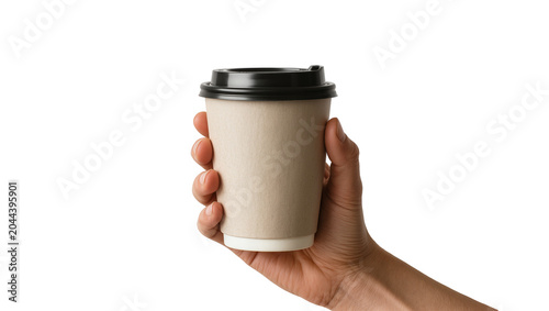 Obraz na płótnie Hand holding disposable coffee cup with black lid