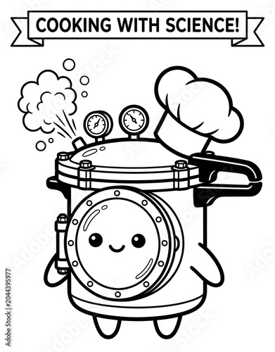 Cute autoclave mascot wearing a chef hat, science experiment cartoon outline illustration for kids coloring book.
