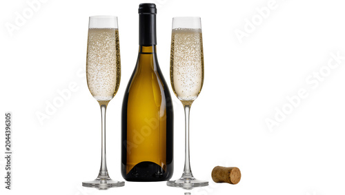 Champagne bottle with two flutes filled with bubbly liquid and cork