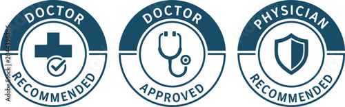 Doctor Recommended and Approved Medical Badges Set on White Background