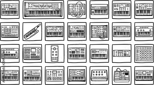 Photos Electronic Music Production Gear Icons: Black  White Line Art Synthesizers, Keyb