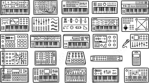 Tableau sur toile Black and White Line Art Icon Set of Electronic Music Production Equipment: Synt