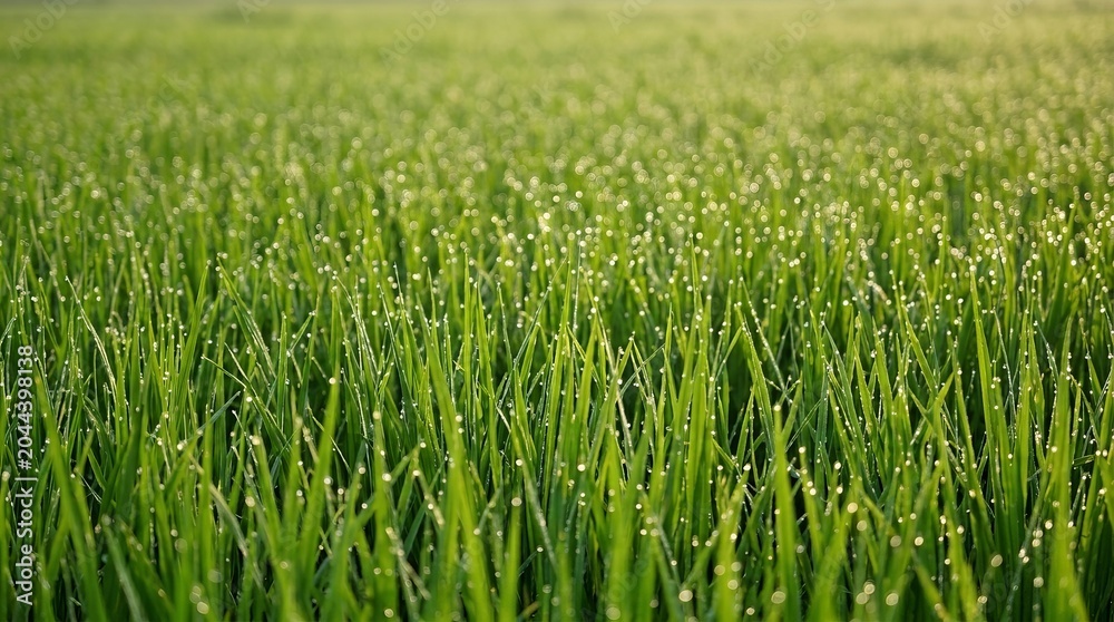 Obraz premium Dewdrops sparkle on lush green grass in soft morning light, evoking freshness and tranquility.