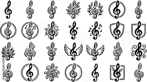 Obraz na plátně Black and white line art treble clef musical notes and symbols on white backgrou