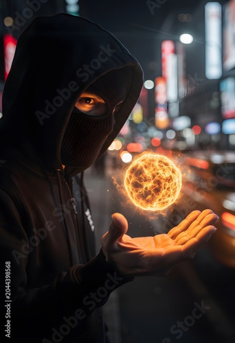 Mysterious Person in Black Hoodie and Mask Holding a Glowing Fireball Orb on a Night City Street