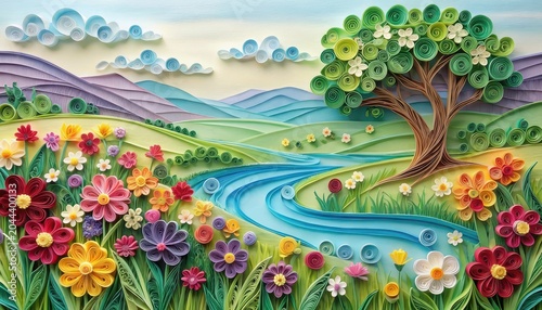 Flower and nature paper quilling concept. Colorful artistic landscape with flowers, river, hills, and a tree in quilling style
