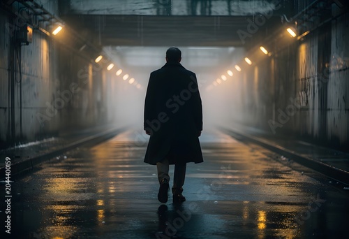 Man in Trench Coat Walking on Wet Road Inside a Foggy Arched Concrete Tunnel
