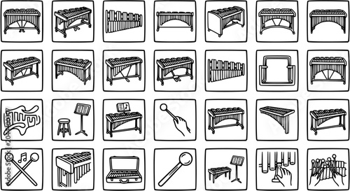 Photography Music Percussion and Mallet Instruments Black  White Line Art Icons Set