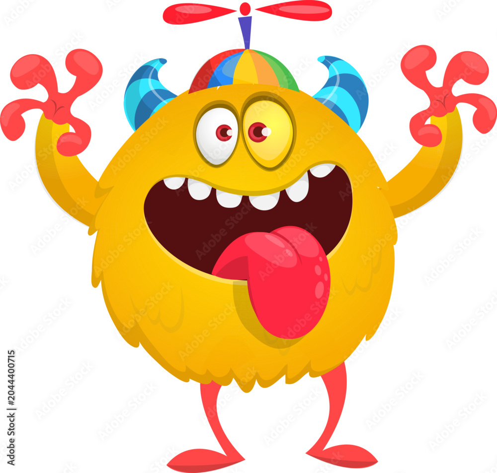 Fototapeta premium Cartoon cute and funny monster creature character design with scary horns and face expression waving hands . Vector illustration. For Halloween party decoration design